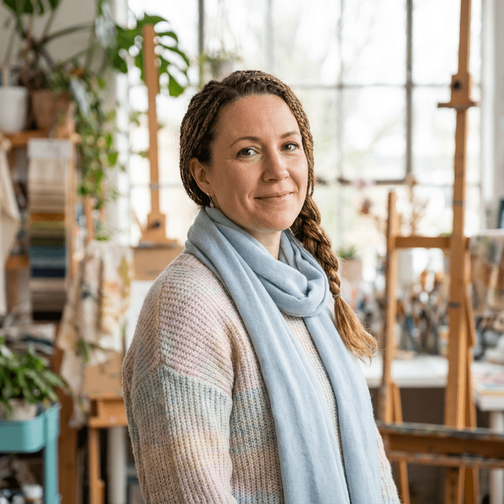 Lindsay Flick standing in the studio with custom apparel printing equipment behind her