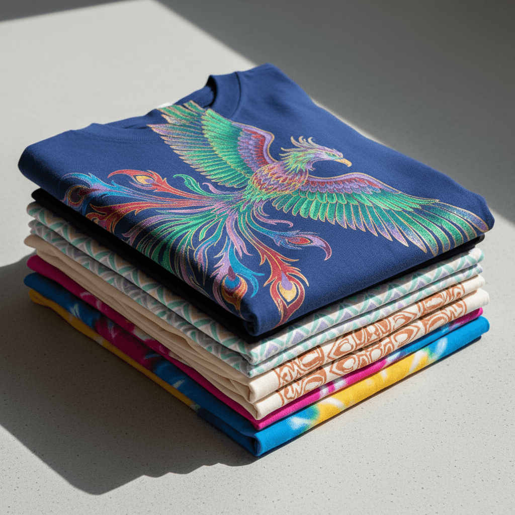 Stack of freshly printed custom t-shirts in bold colors