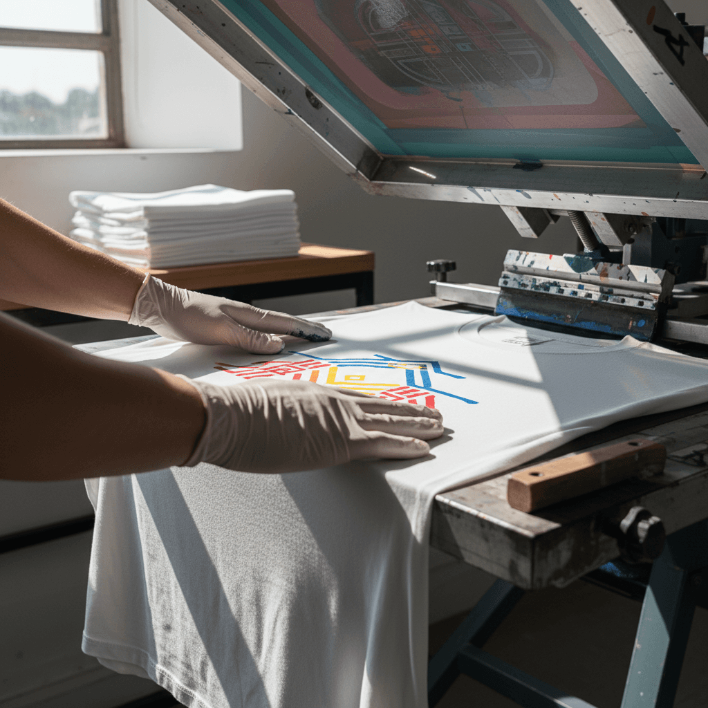 Hands aligning a screen print on a t-shirt