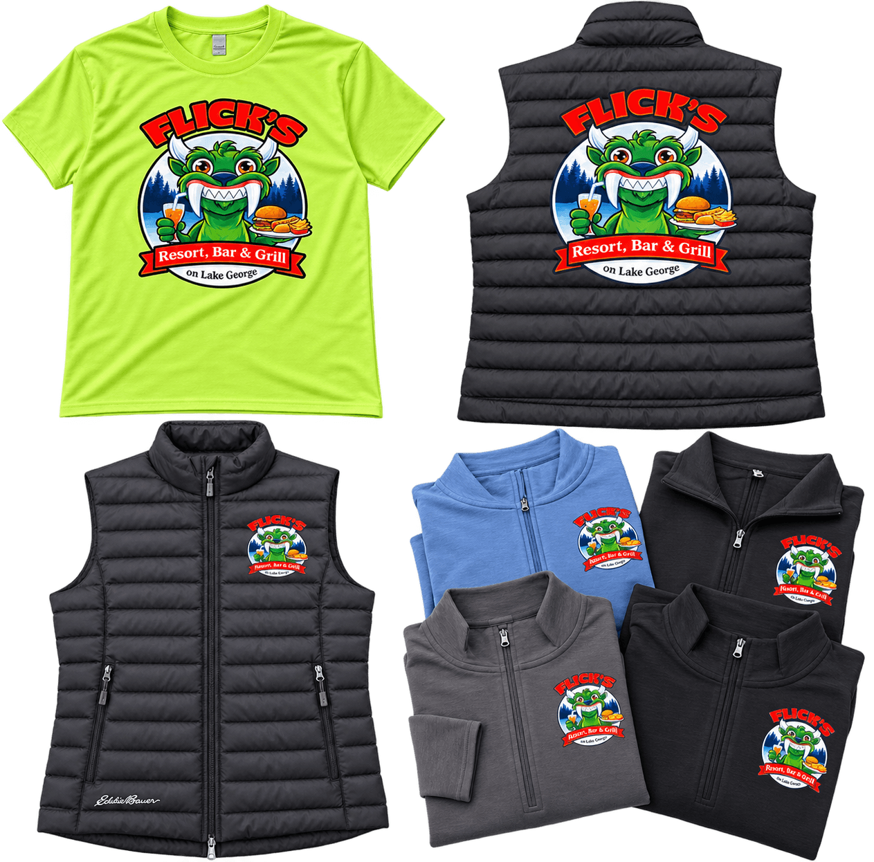 Assorted apparel featuring the Flick's Resort, Bar & Grill green monster mascot logo.