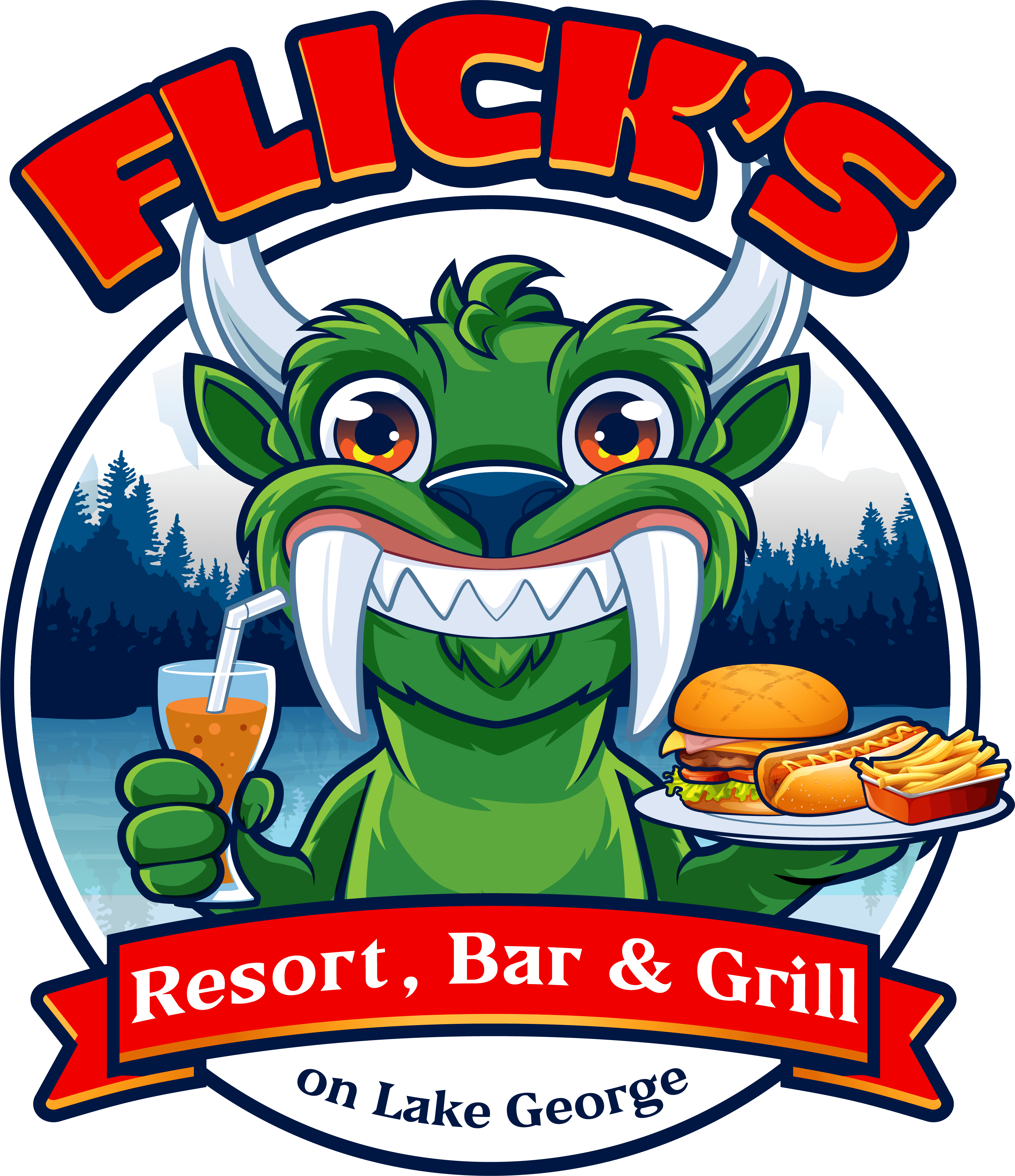 Green horned monster holding food and drink for Flick's Resort, Bar and Grill.