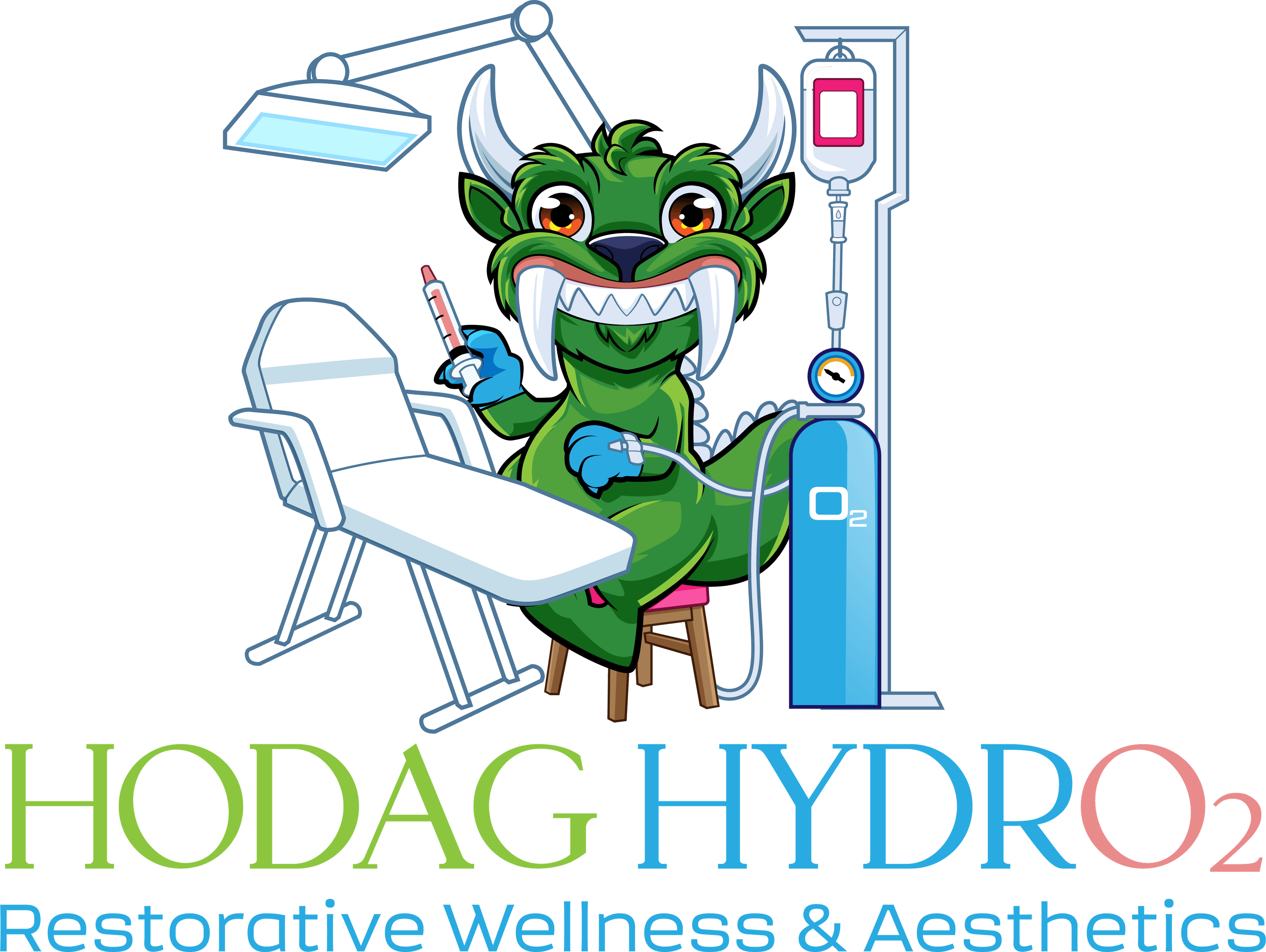 Cartoon Hodag monster with medical equipment and HODAG HYDRO2 Restorative Wellness & Aesthetics text.